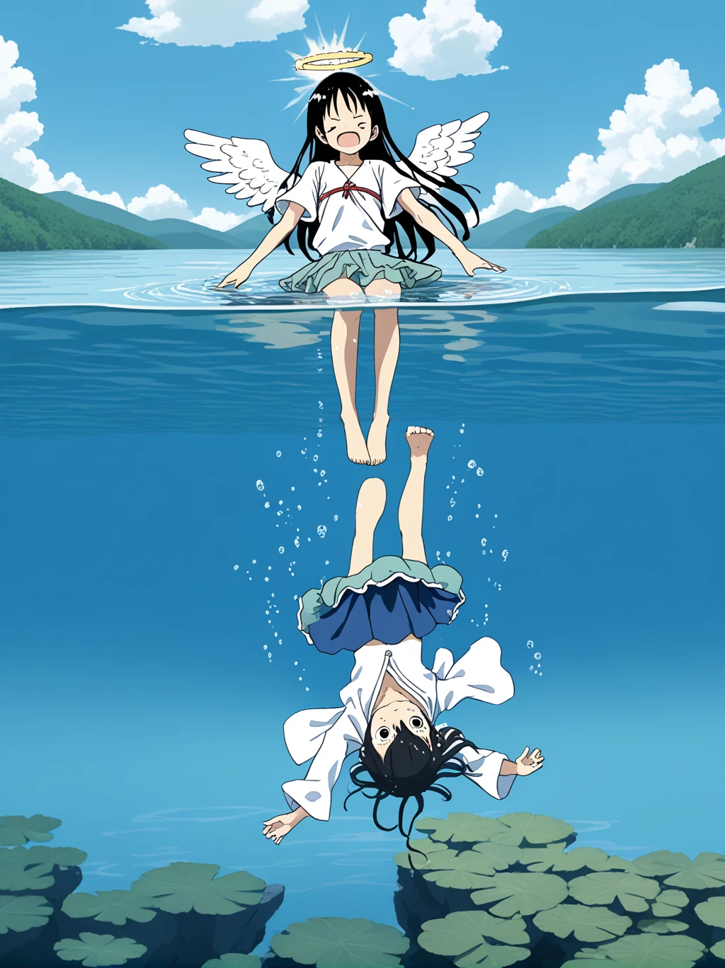 partially underwater, lakeの女神, Long Hair, Wet Hair,lake,8-year-old、Flat Chest、one piece、The skirt flips up due to buoyancy、Angel Halo、Falling from the sky into the water