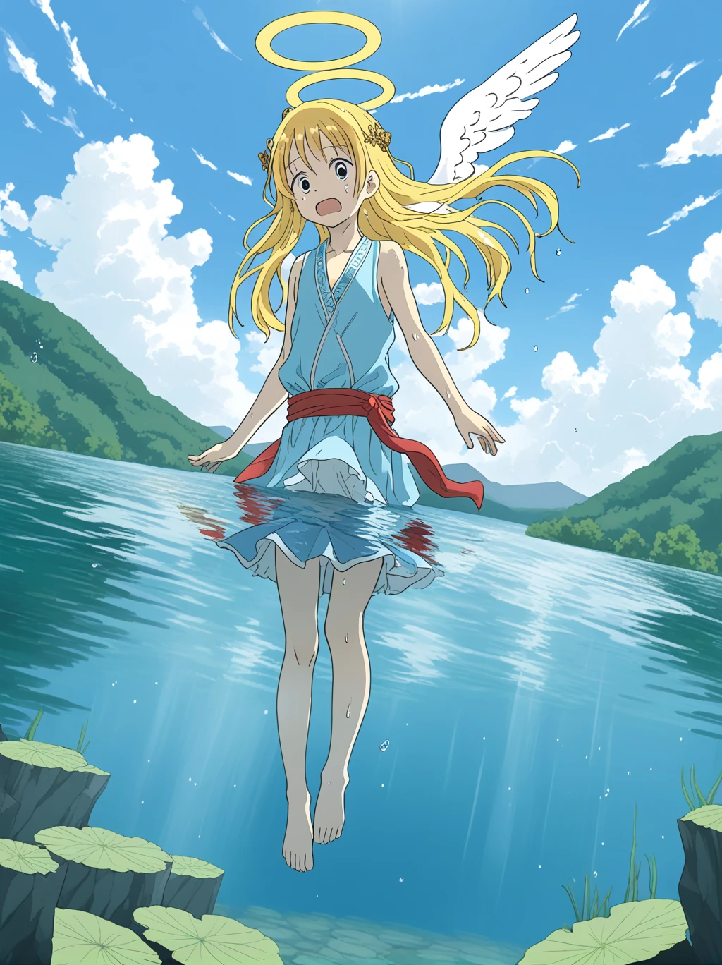 partially underwater, lakeの女神, Long Hair, Wet Hair,lake,8-year-old、Flat Chest、one piece、The skirt flips up due to buoyancy、Angel Halo、Falling from the sky into the water