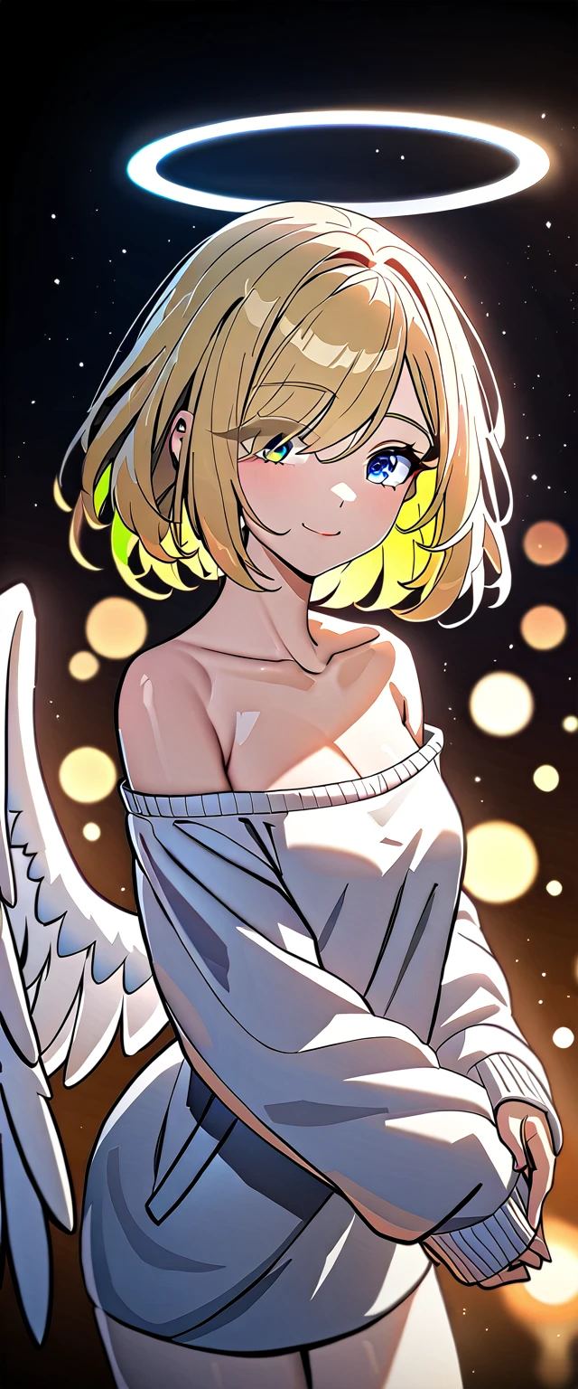 ((angel, big big white wings:1.3, halo:1.3)), (((cowboy shot))), ((flying)), archangel Uriel, ((wavy hair, outward curled hair)), evening, Sunset, ((blond hair, bob cut:1.3)), breasts, ager, (looking at viewer), oversized clothes, puffy long sleeves, collarbone, ((off-shoulder sweater dress:1.3, Quite thick shoulder straps)), (((sleeves past wrists:1.3))), ((white sweater)), collarbone, head tilt:1.3, (((blue eyes))), ((happy smile)), (((anime style))), (best quality, 4K, 8K, highres, masterpiece:1.2, ultra-detailed, ultra-detailed eyes, HDR, uhd, studio lighting, ultra-fine painting, sharp focus, physically-based rendering, extreme detail description, professional, vivid colors, bokeh), ((Highest quality, Best image quality, Ultra-high resolution, Ultra-high resolution, solo, Strong eye highlights)), Depth of written boundary, Natural soft light, attractive, Beautiful Face, Cleanliness, Pure Face, medium chest, Beautiful Face, Perfect Fingers, Perfect hands, Perfect body, Perfect Face, Shine a light into your eyes, Perfect Anatomy