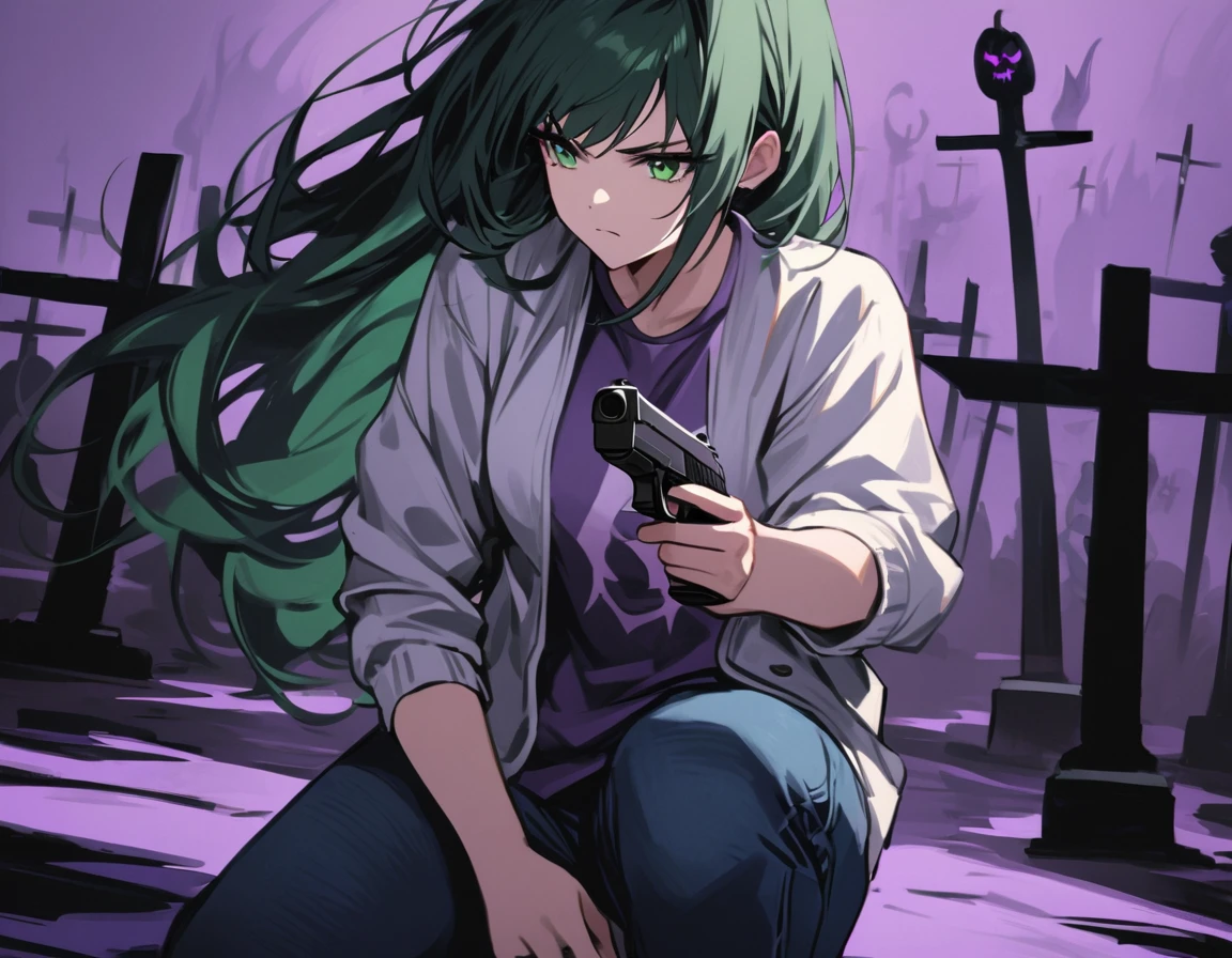 (masterpiece)、(absurdres)、(ultra detailed)、long shot,(shiny dark green hair)、(solo girl)、(dark green eyes)、 breast:0.8,(straight long hair、(casual jacket)、(Tshirt)、(denim JEANS)、Holding a handgun in your hand:1.1,Defensive Pose、angry,serious,closed mouth,cowboy shot,side view,looking away:1.3,Place one knee on the ground、A dark graveyard at night filled with monsters and demons、purple fog:1.2,
