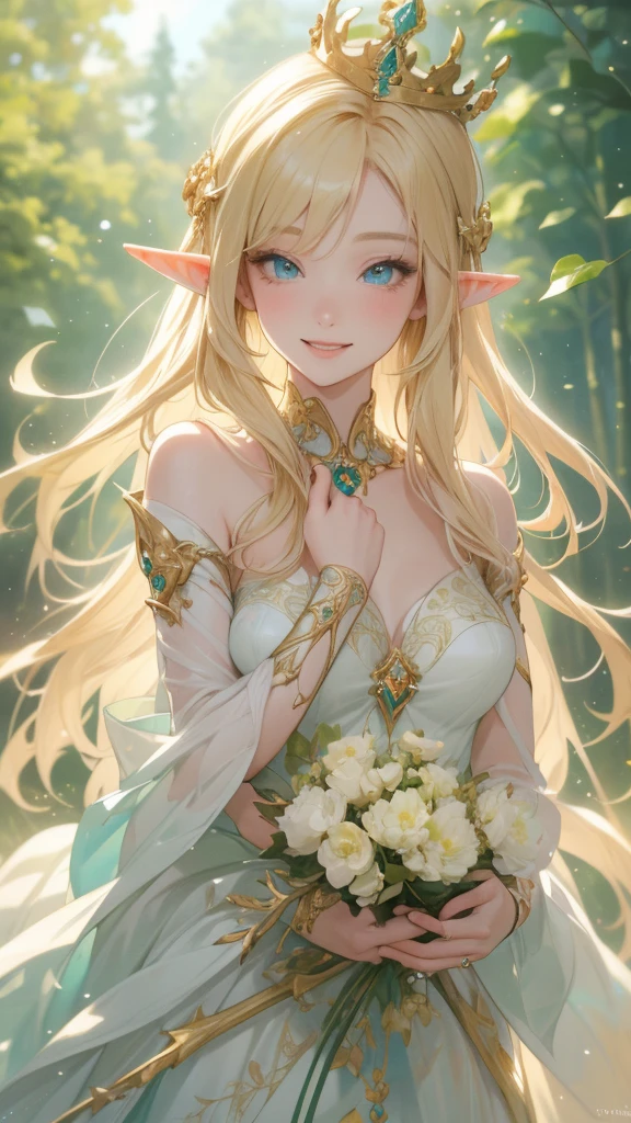work of art, epic details, ultra detaild, best resolution, blonde, (BEAUTIFUL ELF), crown with crystals ((rosto angelical)), sculptural body, clothes made with green leaves, ((perfect hands))), ((expression of happiness)), (Grinning), great smile, Simple smile, scenario:Enchanted Forest, supper: secret Garden