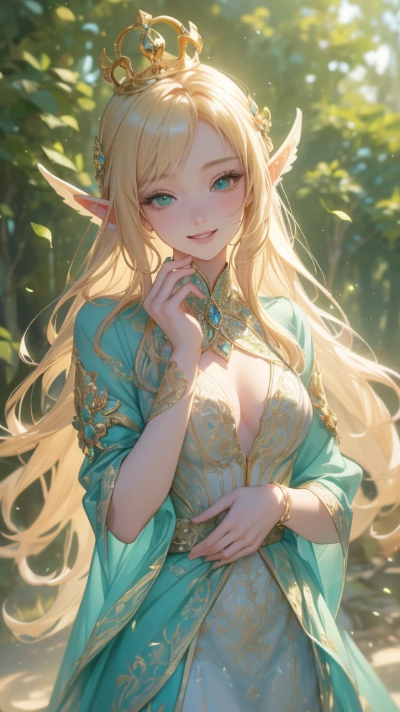  work of art, epic details, ultra detaild, best resolution, blonde, (BEAUTIFUL ELF), crown with crystals ((rosto angelical)), sculptural body, clothes made with green leaves, ((perfect hands))), ((expression of happiness)), (Grinning), great smile, Simple smile, scenario:Enchanted Forest, supper: secret Garden