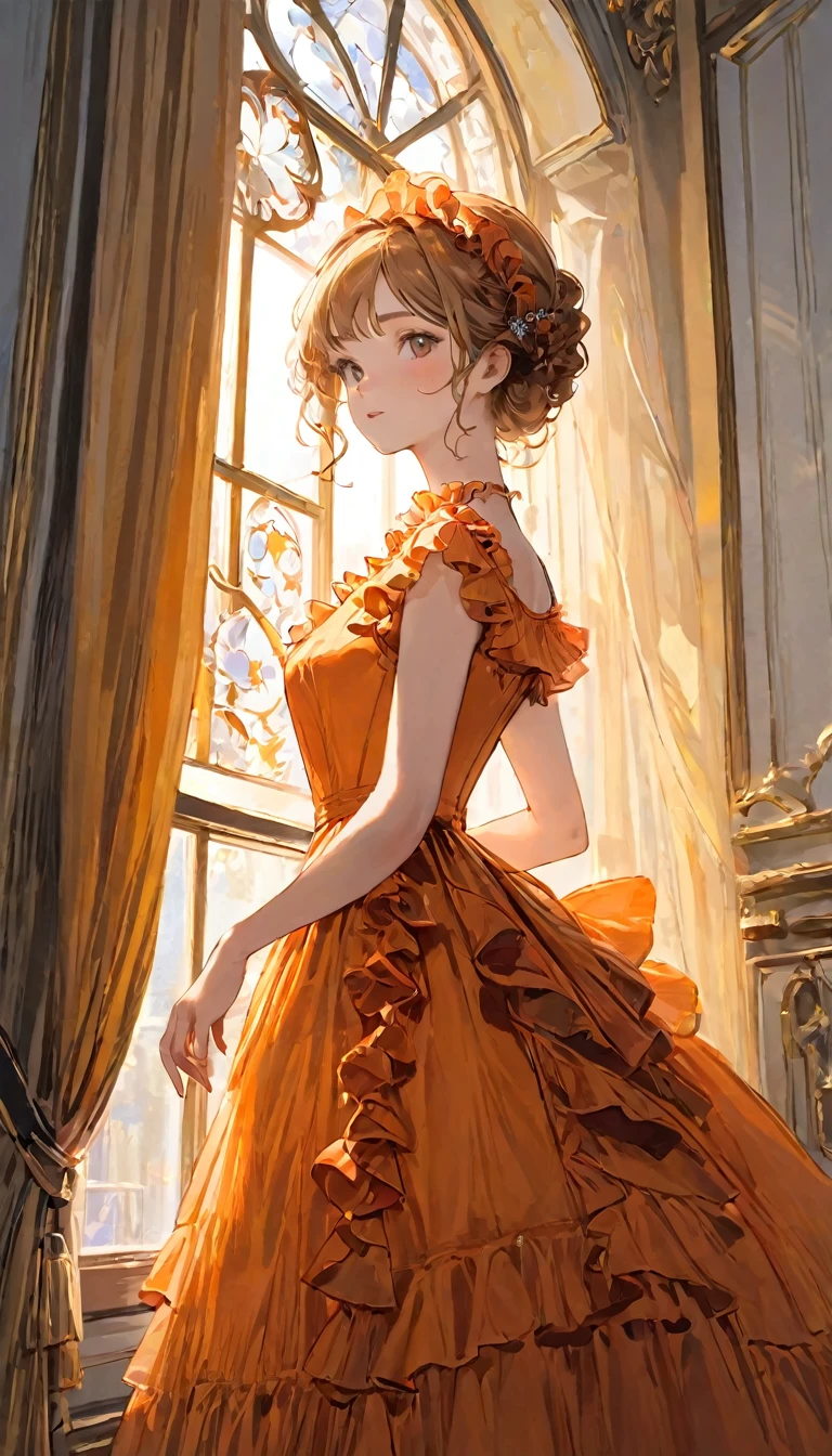 (Highest quality, masterpiece), One Girl, Intricate details, Frills, See through, Show Viewer, Sunlight from the window, French nobility、Orange Dress