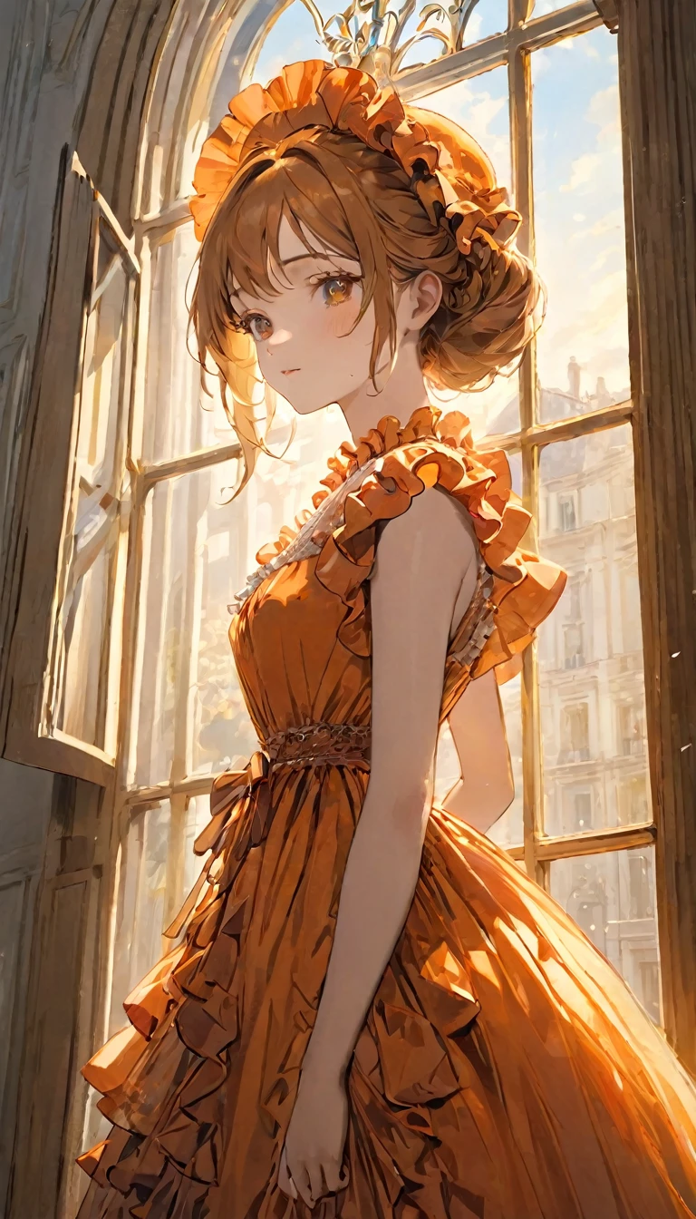 (Highest quality, masterpiece), One Girl, Intricate details, Frills, See through, Show Viewer, Sunlight from the window, French nobility、Orange Dress