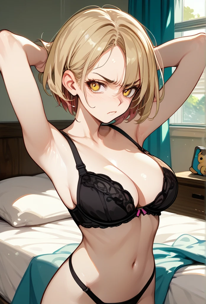 young girl, young face, hot face, golden eyes, short hair, blonde hair, annoyed expression, irritated face, mature body, curvy body, big breasts, black thong, black bra, bedroom, arms up, armpits exposed