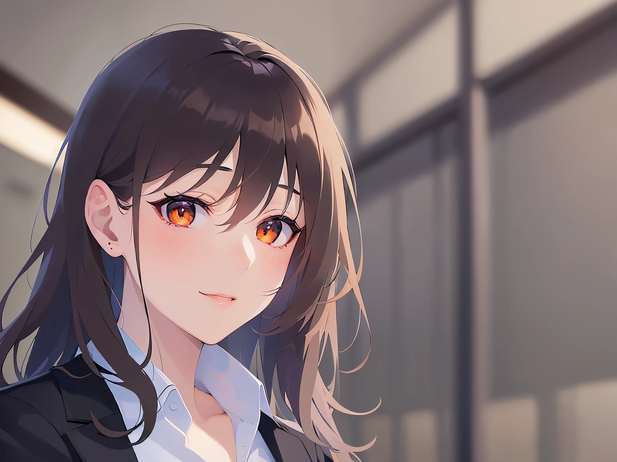 close-up,looking at viewer,Looking up,Realistic, real person, (pale skin: 1.2), RAW photo, photorealistic, shiny skin, shiny hair、 (A 35-year-old woman with medium-length hair and bangs) and (wavy hair) and (brown hair) and (Orange Eyes) (Wearing a business suit:1.5) and (Wearing a white collared shirt),(blush:1.5) ,smile、The background is the interior of a restaurant at night.、Alone、(Wearing a black jacket:1.5)