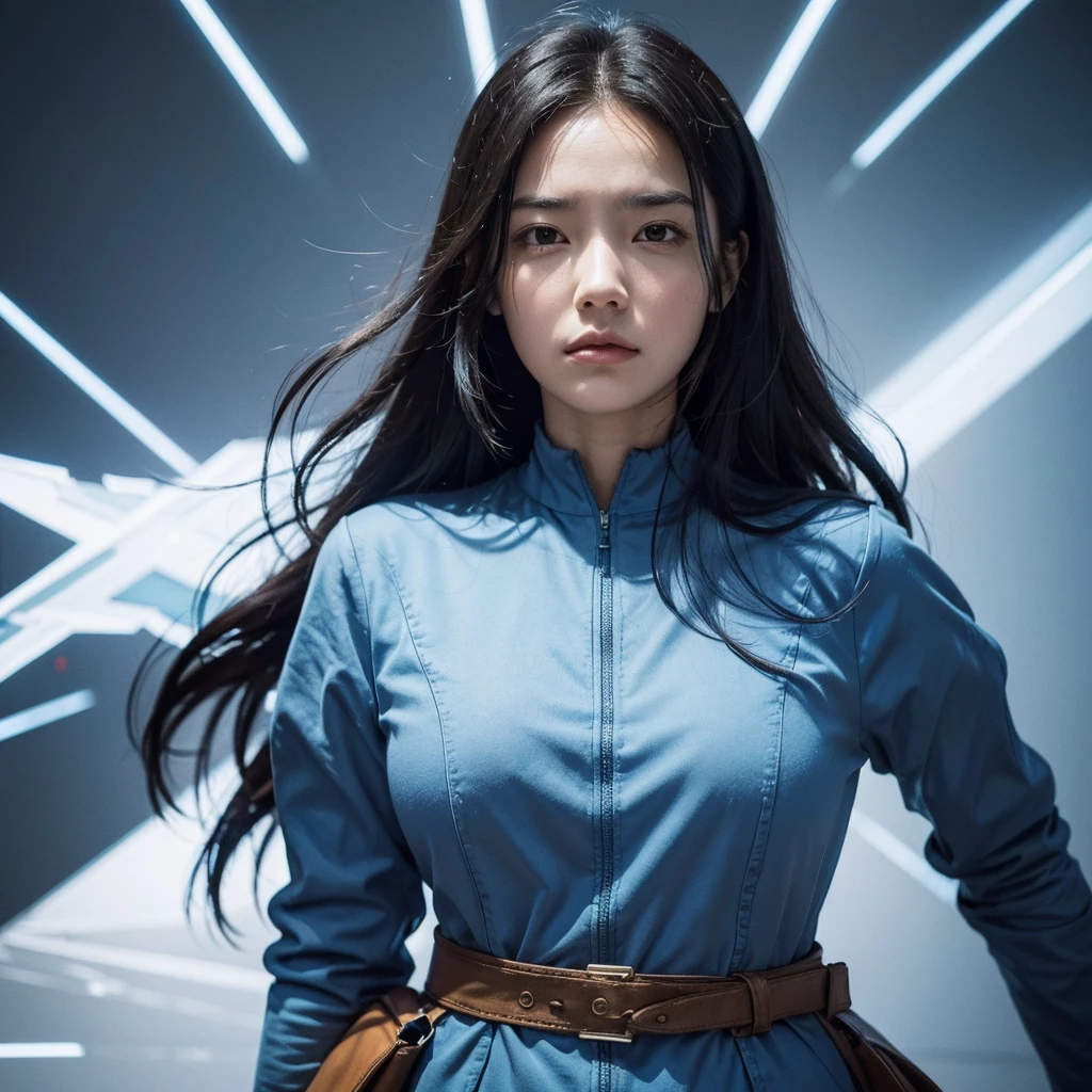 A detailed digital painting of a woman representing the MBTI Defender (ISFJ) type. She is wearing a blue outfit, symbolizing her nurturing and supportive nature. The woman has a concerned expression, showing signs of distress or worry. The background should be subtle, emphasizing her emotional state. Include elements that indicate she is overwhelmed by responsibilities or the emotions of others, such as stacks of papers or worried faces in the background.