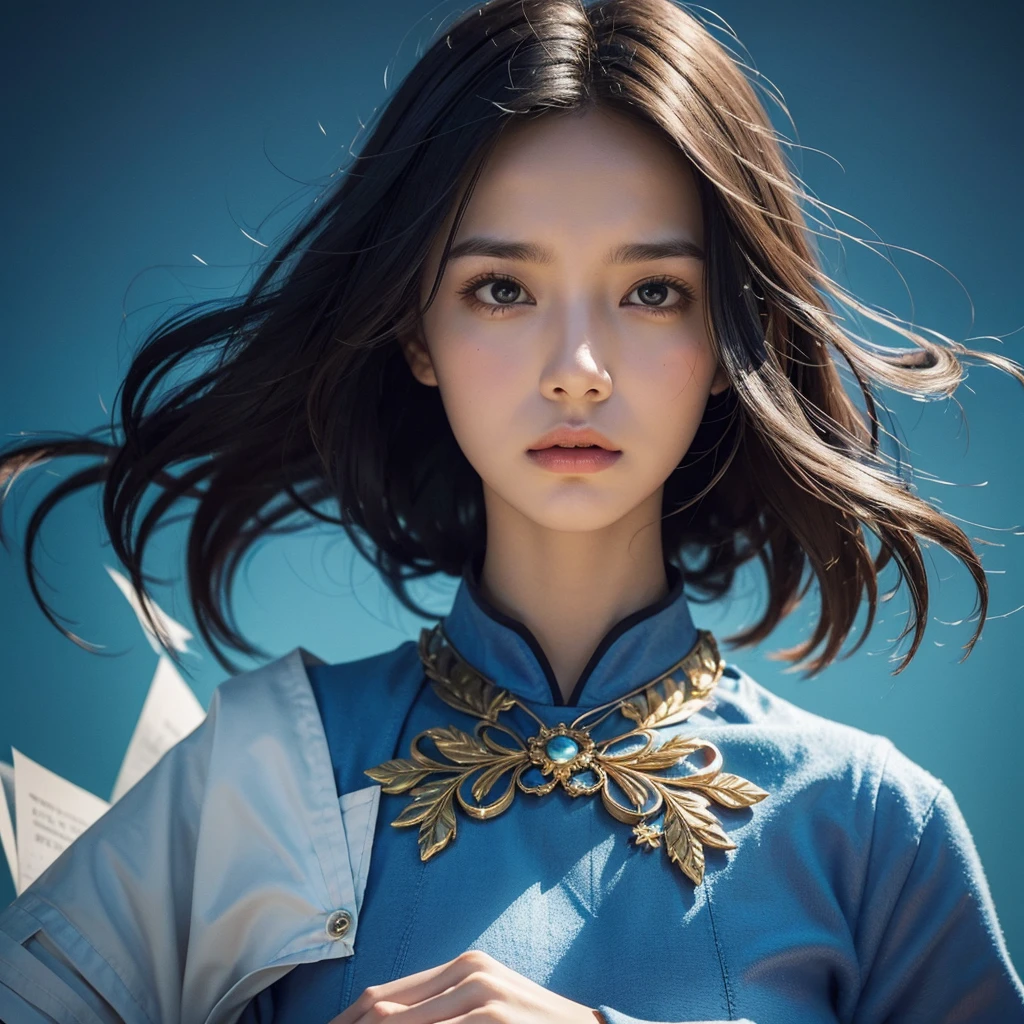 A detailed digital painting of a woman representing the MBTI Defender (ISFJ) type. She is wearing a blue outfit, symbolizing her nurturing and supportive nature. The woman has a concerned expression, showing signs of distress or worry. The background should be subtle, emphasizing her emotional state. Include elements that indicate she is overwhelmed by responsibilities or the emotions of others, such as stacks of papers or worried faces in the background.