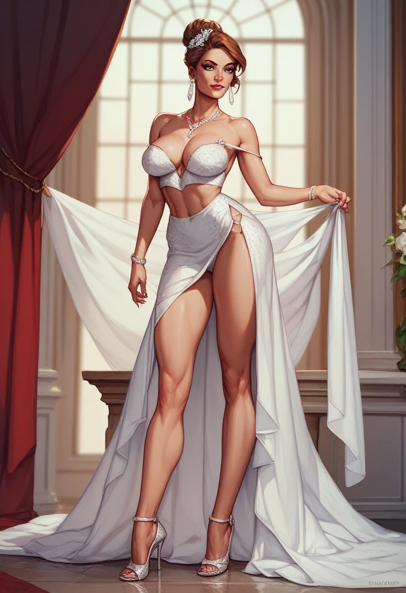 The best image quality,. tall and very thin girl,. long legs,. elegant,. White skin,. she doesn't have breasts,. slightly blushing,. ears shaped like bat wings,. gold hair clips,. Short purple hair that reaches her shoulders,. the character wears a tight latex suit,. legs with white socks,. ballerina slippers,. The shoes are mainly red,. the surface of the shoe is decorated with a small gold inverted star,. the figure has a thin demon tail,. the tail is black and red,. The girl is standing and posing provocatively,. squinting slightly,. the pupils are bright red,. diamond-shaped pupils ♢,. the girl is smiling,. the expression is provocative,. The background is a garden at night with night lights,. bat wings on his back,. He does not have a jacket or jacket,.