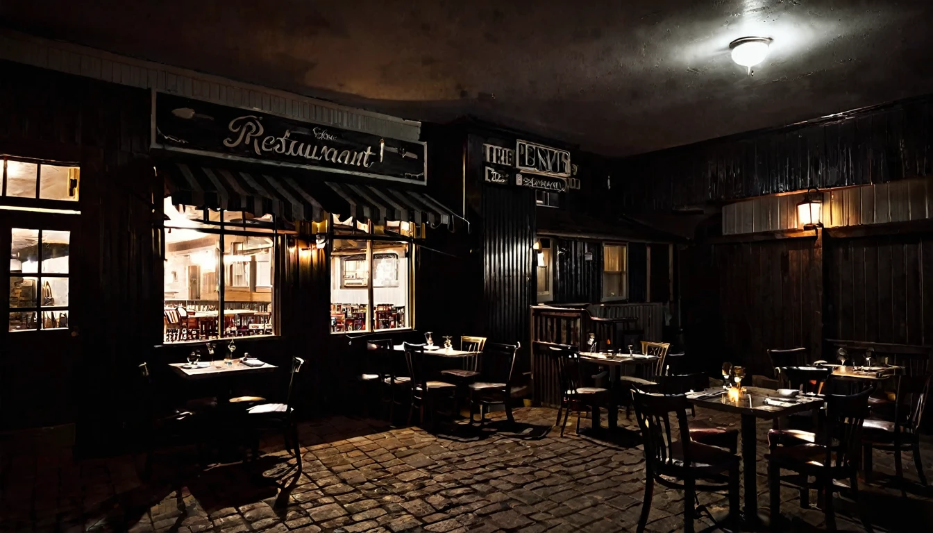 small town, view of the restaurant from the front, dark, sinister night, no people in the room