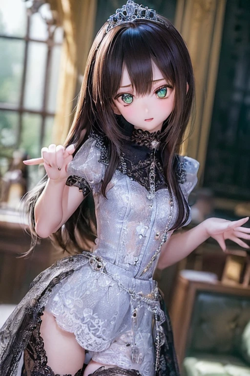 (SFW:2), photorealistic, realistic photo, 8k, ((highest quality)), ((masterpiece)), (extremely detailed), kukolnydom, doll, (mature woman, 18yo, 18 years old:1.6), solo, ((cowboy shot, dynamic pose)), (skinny, slender, slim, parted lips), green eyes, brown hair, (looking at another, gradient eyes, shining eyes, detailed eyes, detailed face:1.3), princess dress, tiara, castle