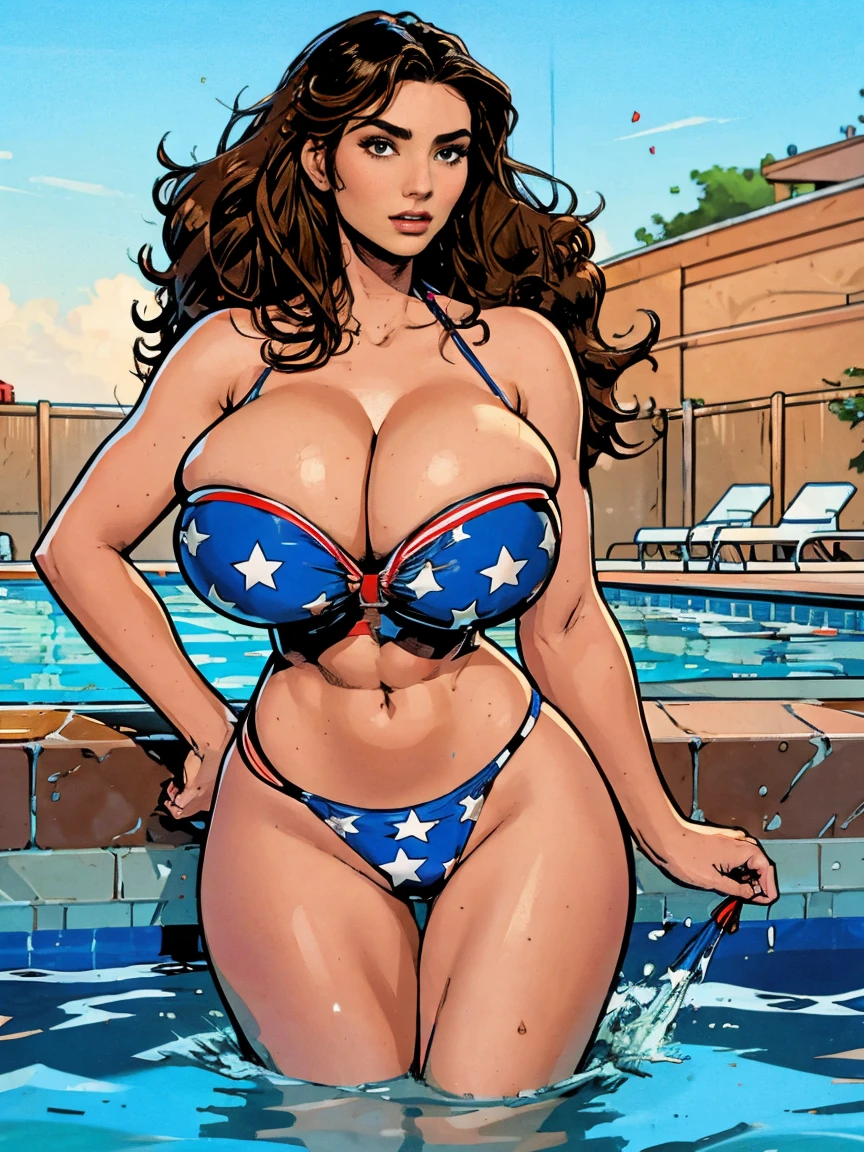 Gorgeous and sultry busty athletic (thin) brunette with sharp facial features and a (big hair) and (huge boobs) wearing a star-spangled bikini, Americana, swimming pool.