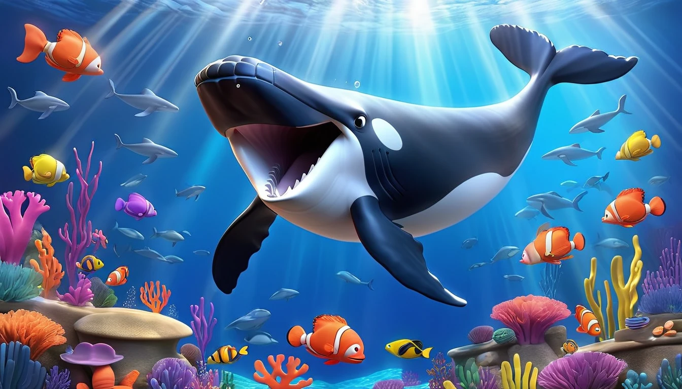 Create a 3-D Pixar style art scene for kids featuring a humpback whale singing with musical notes coming out of its blowhole. The scene should be colorful and vibrant, with an ocean background, coral reefs, and schools of fish. The overall mood should be lively and inviting for young children.
