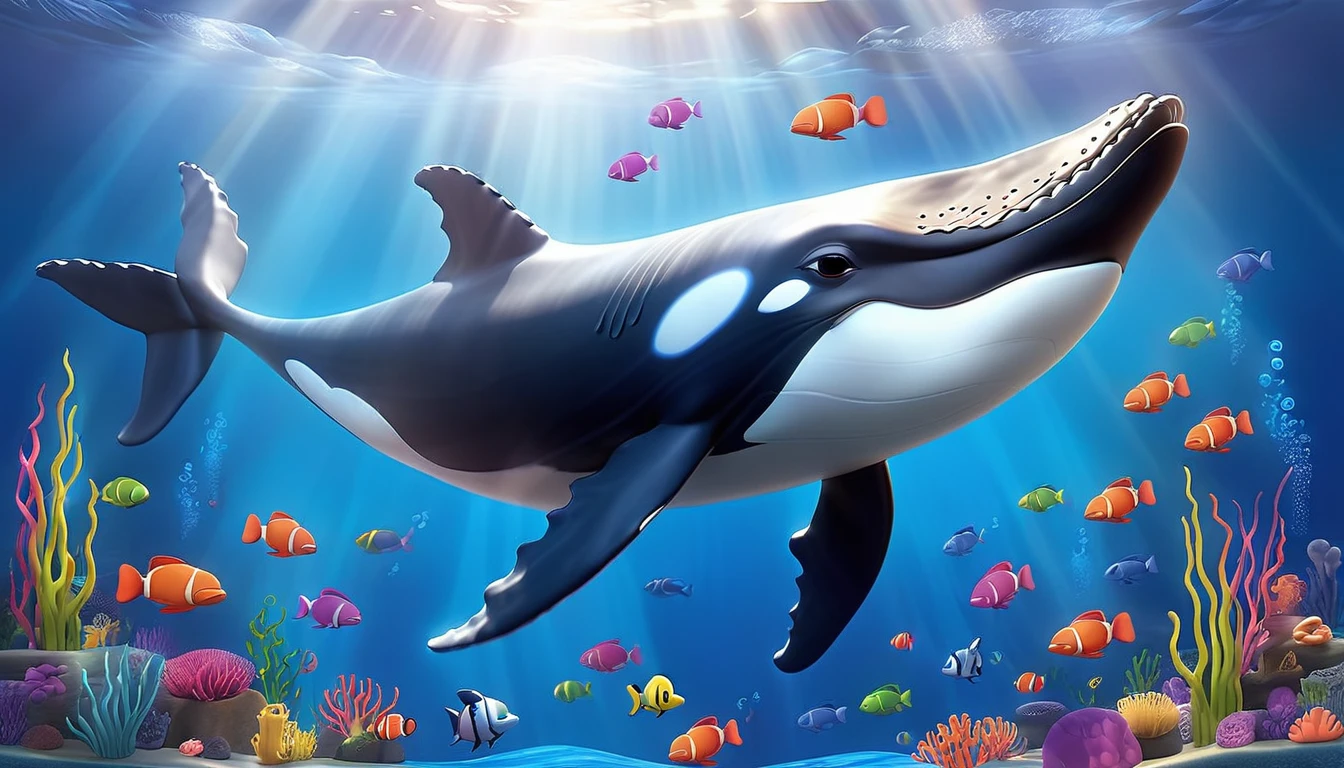 Create a 3-D Pixar style art scene for kids featuring a humpback whale singing with musical notes coming out of its blowhole. The scene should be colorful and vibrant, with an ocean background, coral reefs, and schools of fish. The overall mood should be lively and inviting for young children.