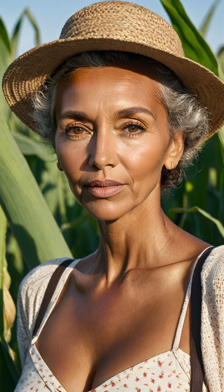 African old woman 60yo , afro hair ,look like Rachel Cook , very dark skin , brown eyes huge saggy tits ,lip filler , farmer, huge corn field