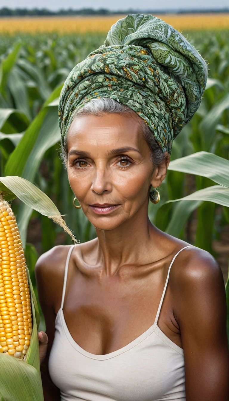 African old woman  60yo , afro hair ,look like Rachel Cook , very dark skin , brown  eyes huge saggy tits ,lip filler , farmer, huge corn field