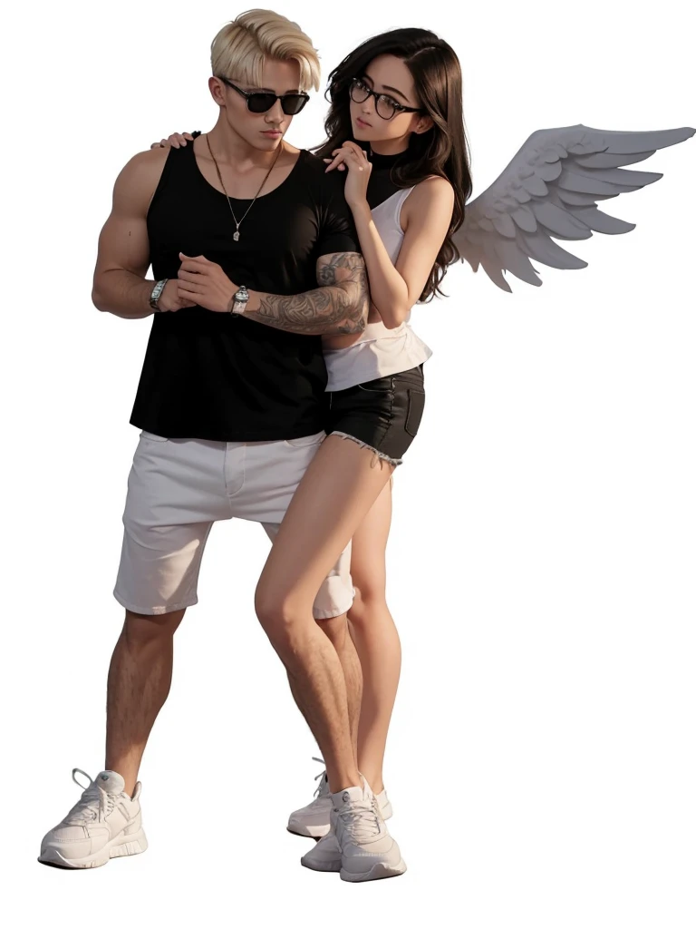 A strong man in a black shirt, with white shorts and short blonde hair, man wearing glasses. A beautiful woman next to the man wearing cropped tops, um short jeans, a white angel's wing and dark brown hair.