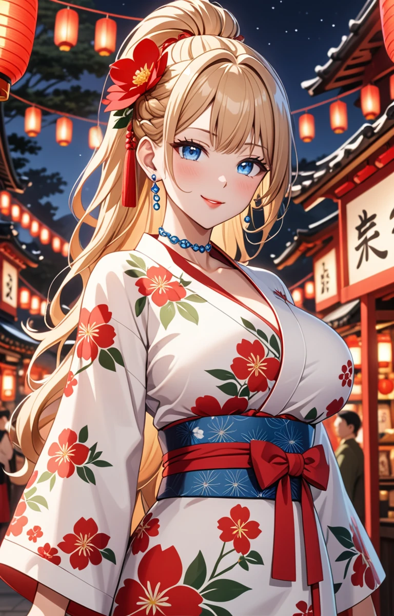 ((one girl)), hyper detailed, absurdres, 8K,Cute face, Beautiful Face, (Laugh shyly), ((laugh:1.8)), ((Wink:1.8)), (Laugh with your mouth wide open),(Tilt your head:1.3), View your viewers, ((Bright red cheeks:1.6)),Glossy Red Lips, ((Big Breasts:1.4)) night, Shrine festival stalls, (Brighten your face), ((Anime style background)),masterpiece, Highest quality, so beautiful,Latest, Complex details, (Pink long nails), (nail art), (ring),(bracelet), (helix piercing:1.7), (Floral Choker),AI-generated, Complex,High resolution, Highest quality, super high quality,3D Images、3D Images,One person,Blonde long hair,(High Ponytail), (Wavy Hair), Anime woman posing for a photo, ((Fine grain、blue eyes、Shining Eyes:1.4)), (Squint your eyes:1.1),a hyperRealistic , hyperRealistic , Realistic,Long blonde anime woman, Smooth anime CG art, Pink large floral patternの刺繍が入った、A girl in a gorgeous kimono, ((White long-sleeved kimono)),(Pink large floral pattern) ,Long flower hair ornament,Floral Earrings,Mature Body, expensive,Abdominal muscles,Tight waist,((face focus:1.5)), (front view),