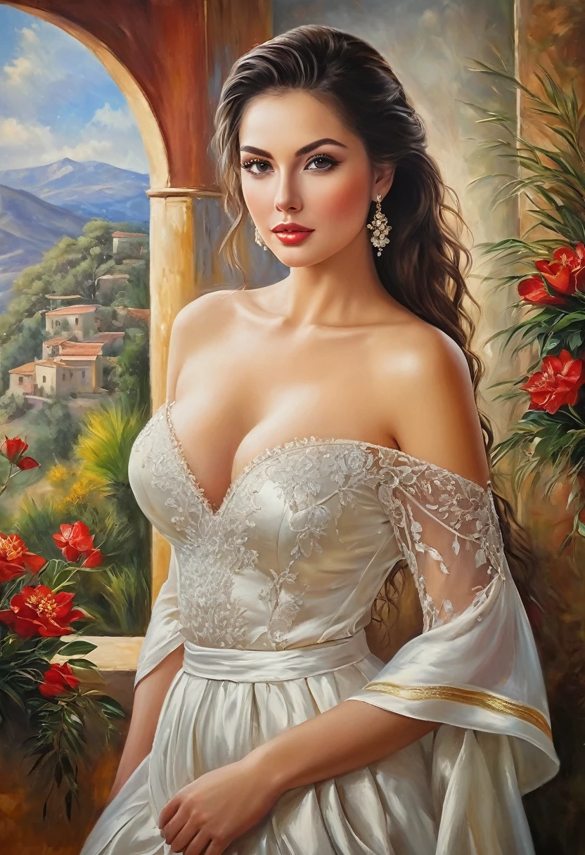 oil painting, ​masterpiece, Beautiful woman, ((unique beauty)), beautiful setting,