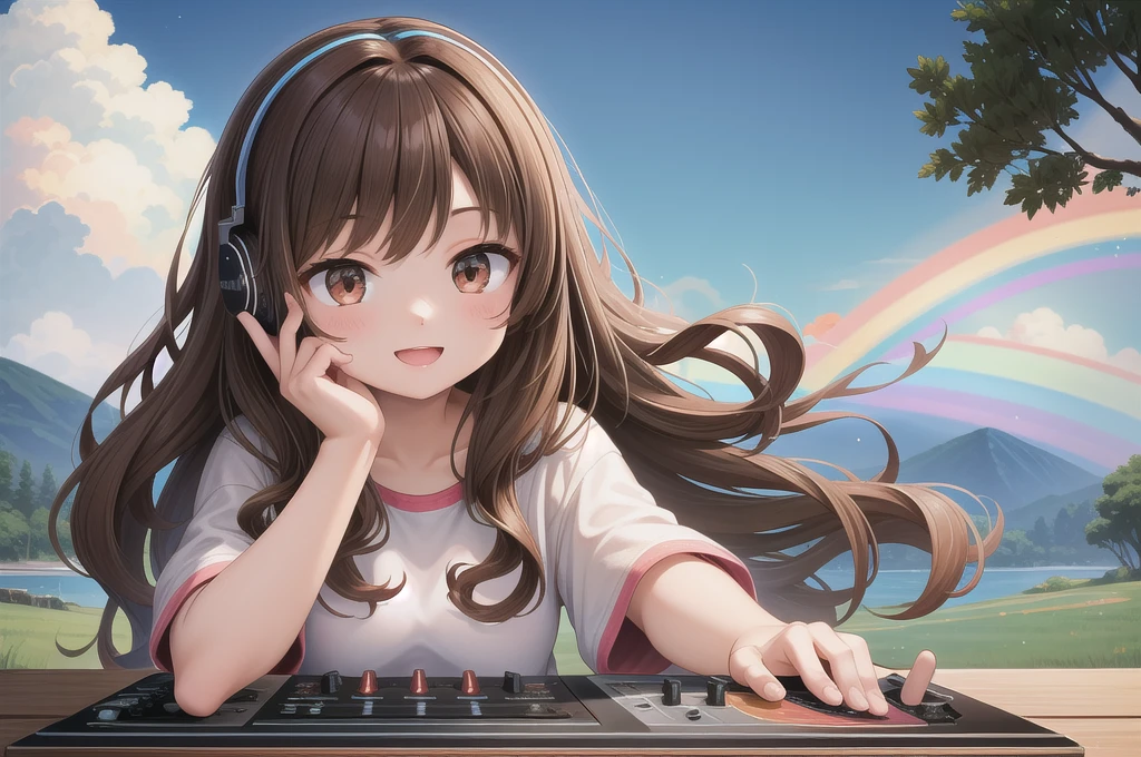 One girl, alone, 20-year-old, Brown eyes, Brown Hair, Long, beautiful wavy hair, smile, Nice casual clothes, grassland, headphone, Detailed DJ equipment, djing, Beautiful rainbow, masterpiece, Fine Fingers, 最high quality:1.4, high quality, detailed,