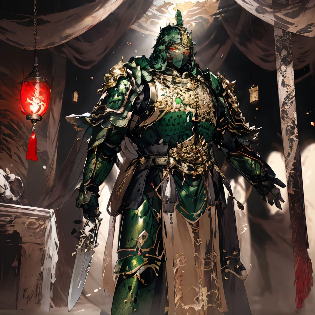 1 Boy,huge,After obtaining the Astarte, Space Marines, ,Green power armor, helmet, Red Eyes, Glowing eyes, indoors, street,In the Forbidden City,There is a golden dragon pattern on the armor,Green armor ,Green armor,Green armor,Green armor,Multiple angles of the mechanical arm on the armor, (masterpiece), (best quality), (Extremely detailed), very beautiful, illustration, Perfect composition, Intricate details, absurd,Chinese Heavy Armor,Chinese Heavy Armor,Chinese Heavy Armor,Chinese Heavy Armor,Chinese Heavy Armor,Chinese Heavy Armor,Astarte,Astarte,Astarte,Astarte,Astarte,Thick mask,Thick mask,Thick mask,Thick mask,Shining green Guandao,Shining green Guandao,Shining green Guandao,Shining green Guandao,Shining green Guandao,Shining green Guandao