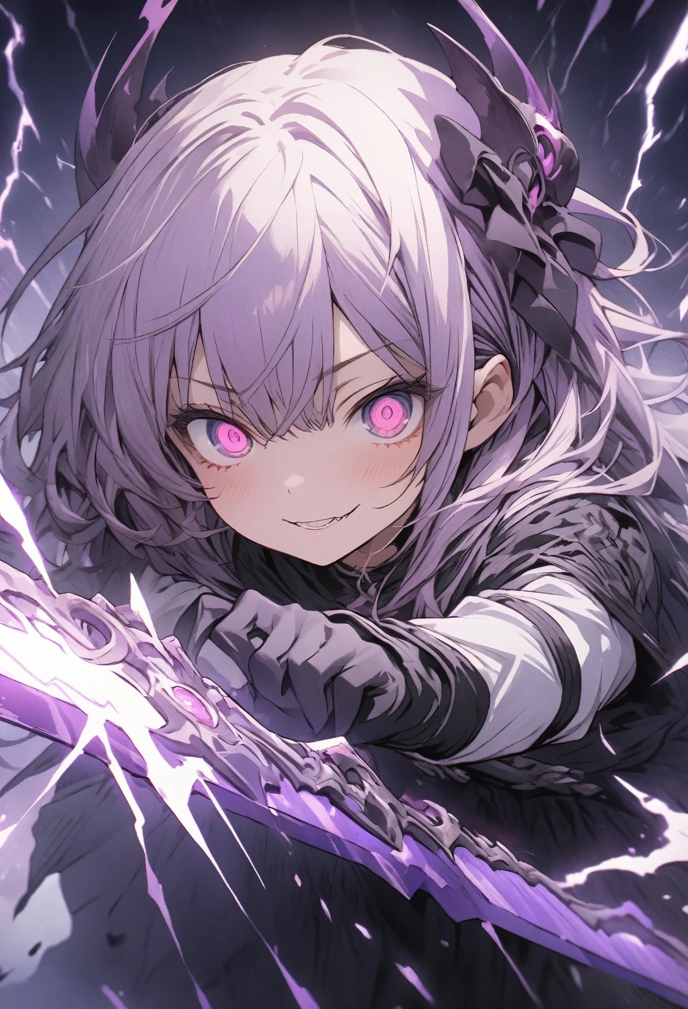 masterpiece, best quality, extremely detailed CG unity 8k wallpaper, A purple sword wrapped in lightning. It is very precisely made. An illustration of a cool girl holding an incredibly precise, high-definition, sharp, glowing sword. He is looking at you with big eyes and sharp eyes. wearing . The sword is tinged with a purple light and gives off a sense of evil. A three-dimensional illustration that gives you a sense of depth.