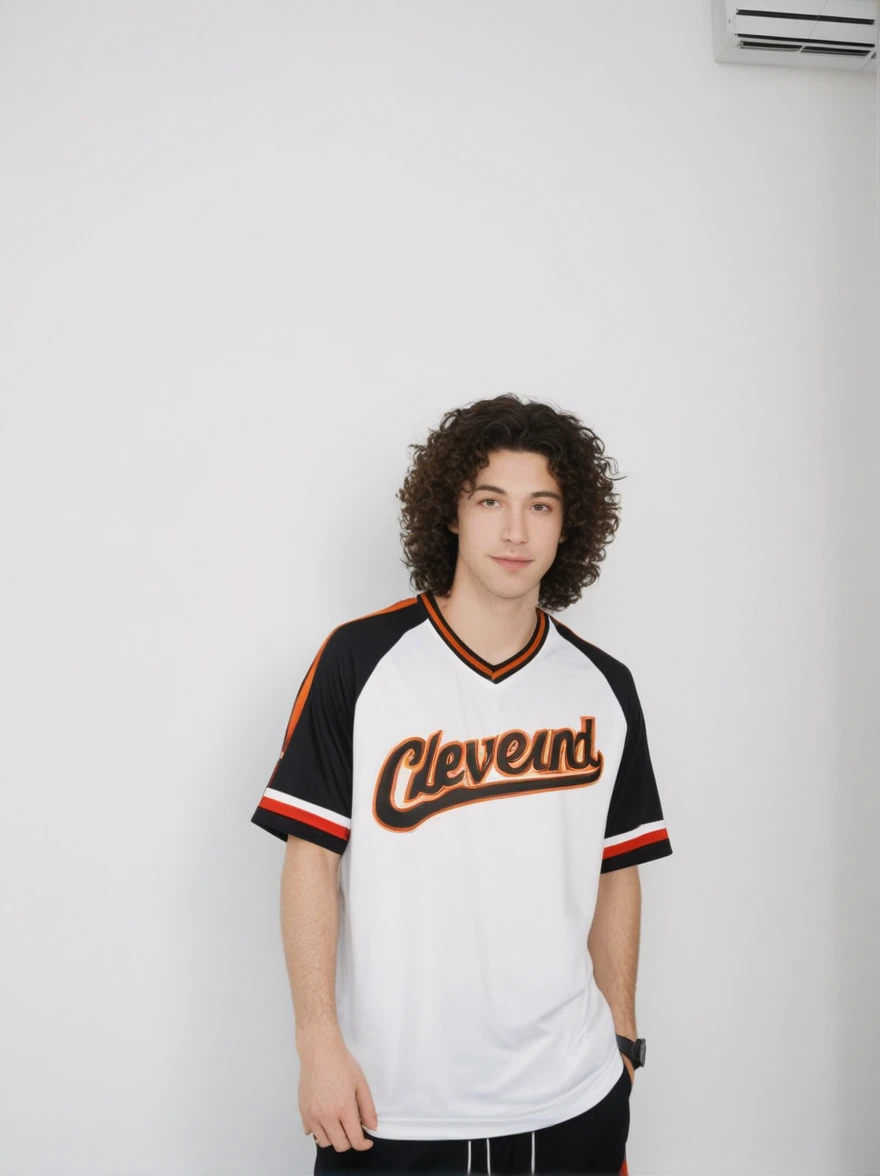 a man in a cleveland jersey posing for a picture,a white wall background,black curly hair,a jersey t-shirt,black sweatpants,male,caucasian,adult,