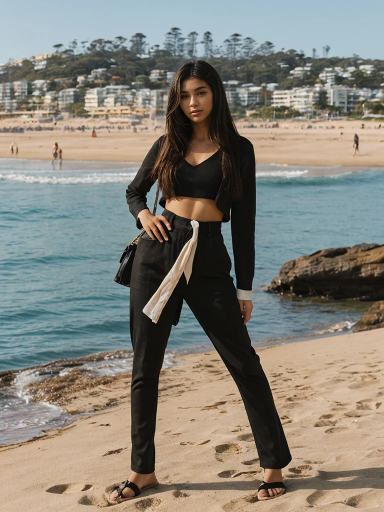 Madison Beer, her name is Jamila, high quality, 1girl, ((20-year-old fit black woman)), ((25 years old)), ((slim)), long hair, pose: standing, wearing stylish fashionable Generation-Z modern wear different colored, seductive, sexy, sultry BACKGROUND: outside: At Bondi Beach, against a backdrop of vibrant beach art, and cafes buzz.