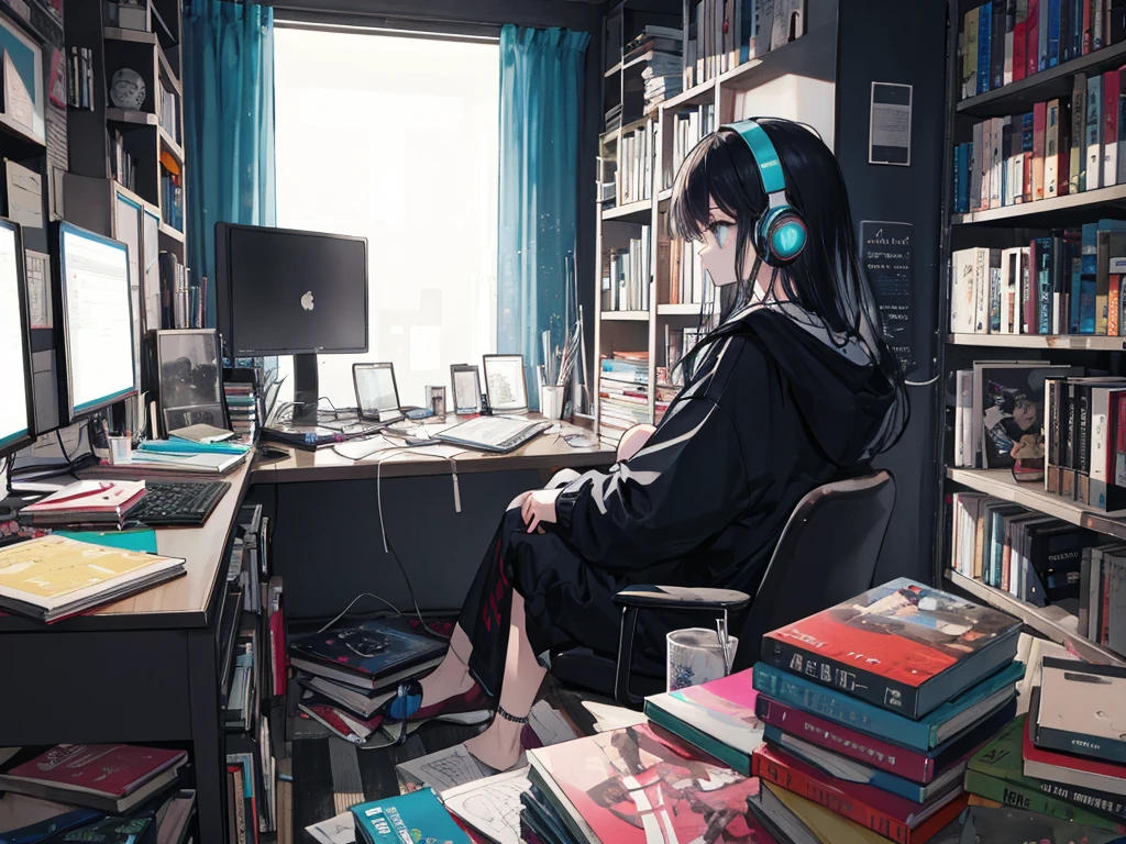 1980s neon color style、high quality、High resolution、最high quality、Outside, neon lights are falling、profile、Pop City、Neon City、Retro Pop、Very beautiful woman、cyber-、Fantastic atmosphere with neon colors、A girl writing a novel on a computer in a dark room、She is wearing headphones and an oversized hoodie.、The room is messy with girlish rooms、Books are cluttered, Cushions are scattered all over the room、Black-haired、Long Hair、Cold Eyes、Beautiful Eyes、Big eyes、Baby Face