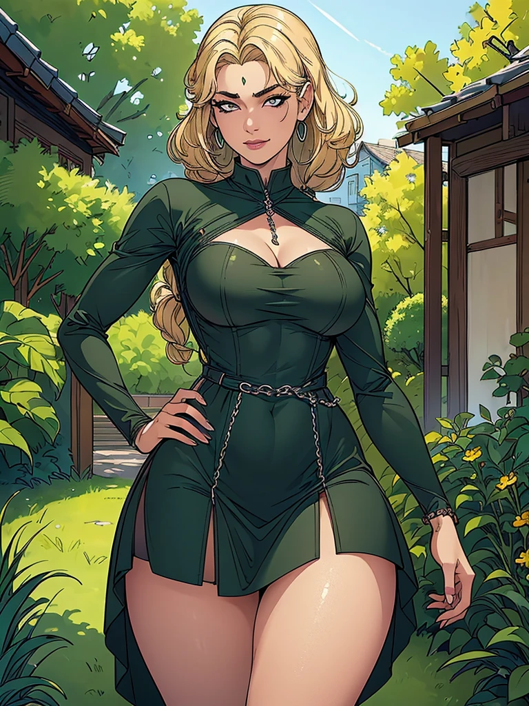 Best quality, 4k, high resolution, body stuck dress, perfect smile, gorgeous, light skin, ahegao face(hentai face) ,blonde hair, wearing bodystuck short dress,(wearing bloud over bodyvorn), clothes are stuck in body, bodyfit outfit,1 girl, solo, seductive look, elegance and charm, (masterpiece, best quality, high resolution), looking at the viewer, standing, (intricate and beautiful:1.2), (detailed light:1.2), (soft light, side light), (high resolution textures) , holding leash in hand(chain leash), outdoor, Burmese girl,wearing bodcorn dress(dark green colour) with whitw line ,wearing gorgeous jewelary, wearing harness over the outfit ,outdoor background, sun light, attractive, sexy, mature and hot, young,(masterpiece:1.3), (disorganized:1.3), (highest quality:1.3), perfect anatomy, detailed face, front view, perfect right hands, looking at viewer, (Super detailed:1.3), (best shadow:0.7), (treated hair), fine eyes, beautiful eyes, young aged woman, alone, standing, crystal earrings,closed_mouth, , outdoors,Thick thighs, arrogant face, small 