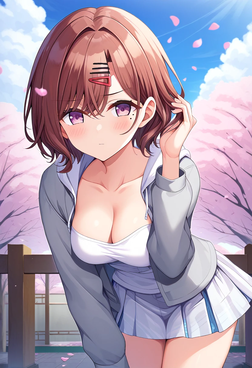 score_9, score_8_up, score_7_up, BREAK source_anime, cg, higuchi madoka, short hair, brown hair, hair flower ornament, purple eyes, blush, closed mouth, ;|, collarbone, medium breasts, cleavage, alternate costume, white shirt, open collar, grey jacket, long sleeves, hand on own hair, arm between legs, two-tone grey skirt, looking at viewer, solo, standing, leaning forward, outdoors, cherry blossoms, falling petals, blue sky, clouds, cowboy shot, 