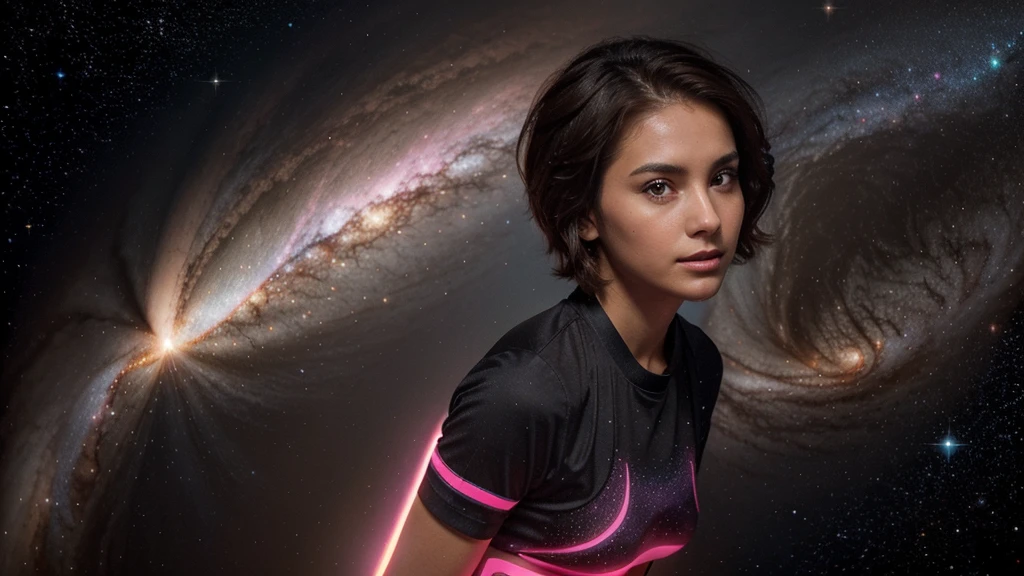 a cute, slender, aerobics instructor, very short brown hair, very short brown hair, very short brown hair, very short brown hair, very short brown hair, brown eyes, dimples, sexy pose; In a kaleidoscopic realm of swirling stardust and neon nebulae, her incandescent form outshines quasars, with obsidian tresses cascading down her silhouette.