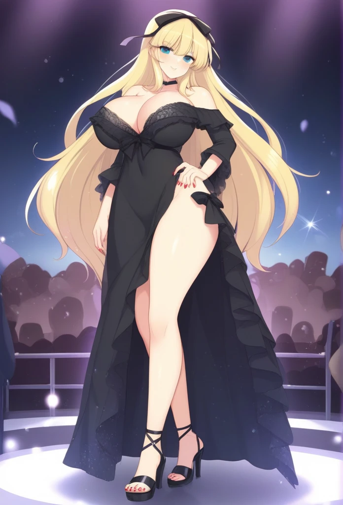 Ryouna_(Senran Kagura), beautiful girl with fair skin, blonde hair, wearing a lustrous black dress that highlights her wide hips, wide shoulders, and big breasts, cleavage, and big ass. She is wearing open-toe heels with red painted toenails and nails. She is a tall girl standing in a crowd, with an ethereal, score_10, ballad-like atmosphere, in a 2.5D style.