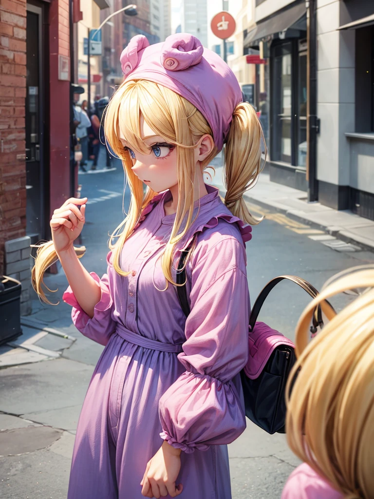 an adult girl, blond hair, two low blonde pigtails, blue eyes, pink jumpsuit dress, a pink hat on her head, type photo for profile, all with the design and style of Dragon Ball Z