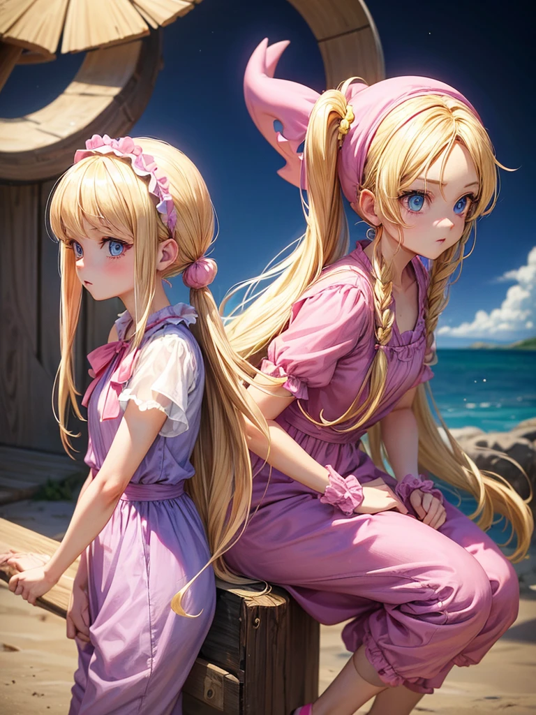 an adult girl, blond hair, two low blonde pigtails, blue eyes, pink jumpsuit dress, a pink hat on her head, type photo for profile, all with the design and style of Dragon Ball Z