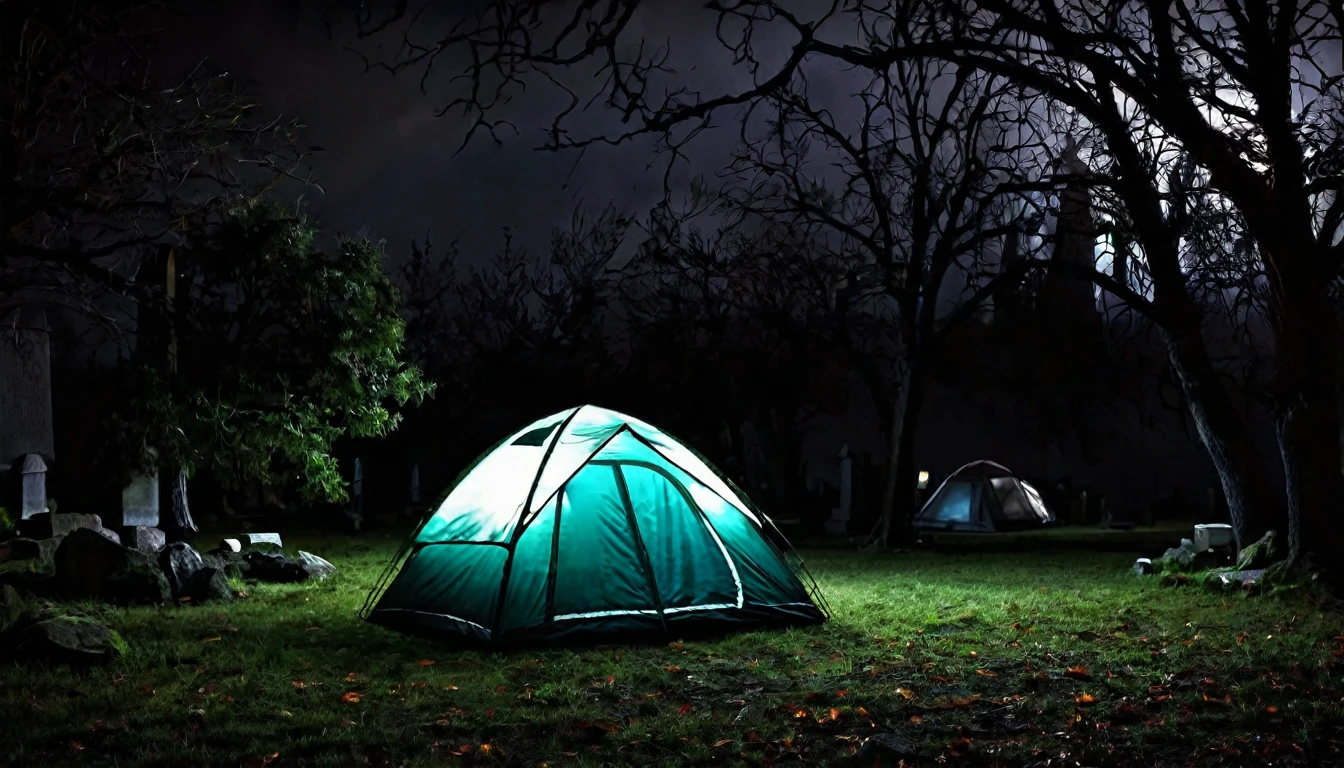 cemetery background, lonely camping tent, dark, sinister, macabre night