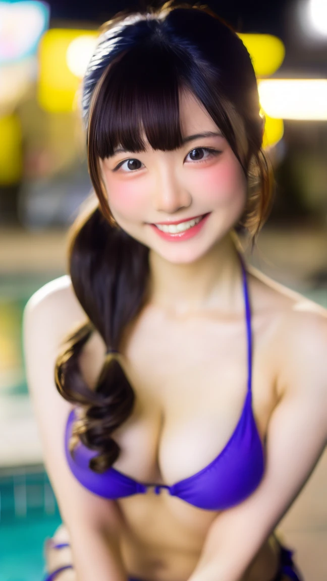 （8k、live-action、Raw photo、highest quality、masterpiece：1.2),(Outdoors,Pool,Front lighting:1.2),((Perfect lighting)),(Twin tails),Watching the audience,Looking up,Sexy pose, strong,Erotic,18-year-old,student,White skin,knees,Absurd,Small Face,Part the front hair from the center、The forehead is visible,(Be embarrassed,Tight eyes,Glare,strong,skinny,skinny,get annoyed)、masterpiece,highest quality、超A high resolution,one person, solo,Close-up shot、cute、Back to Students,(towel fabric bikini:1.3),High school girl,Japanese women,standing,（Photoreal：1.37）、Photon Mapping,Realistic、cuteSmall Face,Brown eyes、prospect、Depth of written boundary、Blurred Background、Real,(I can see the front hair), hair, I can see the knees, thigh,(Nogizaka Idol), actress、Big and ample breasts、Cleavage、Super fine、Low people、(Skin with visible pores:1.2)、(Focus on the face)、8 heads、Natural neck、Check and correct the skeleton