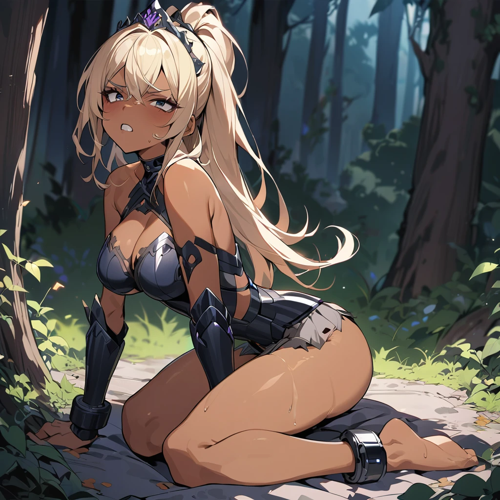 (anime style),masterpiece, best quality, extremely detailed,20Years old,tanned skin,dark skin, Beautiful body,large breasts press,BREAK,multicolored colorful blonde hair,shaggy hair,long hair,long pony hair,BREAK,black eyes,black choker,dignified face,disgust,sad face,open mouth,detailed lips,,BREAK,with vertical stripes sweater,tiara,ripped Princess knight light armor,micro skirt,break,head tilt,in the woods,hands on legs,wariza,ivy clinging to the body,arching back,shackles and cords,