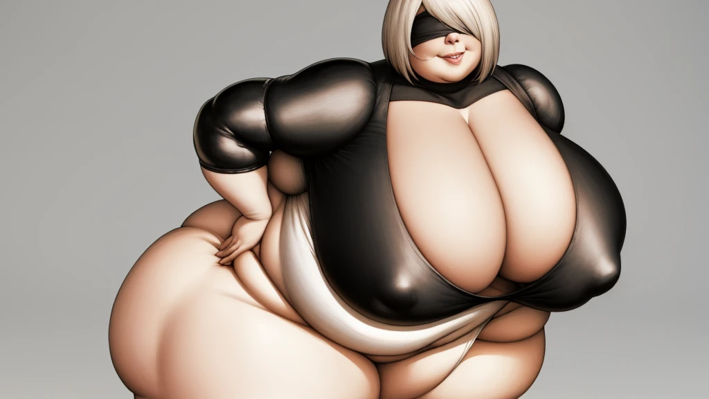 work of art, better_quality, 1 girl, standing alone, yorha no. 2 Tipo B, black blindfolded, blindfolded, ((leaning forward)),  Broad Hips, thick-thighs, huge  ass, Huge huge natural breasts, neckleace, mature mother, hand on hip, smiling, ssbbw, obese mom