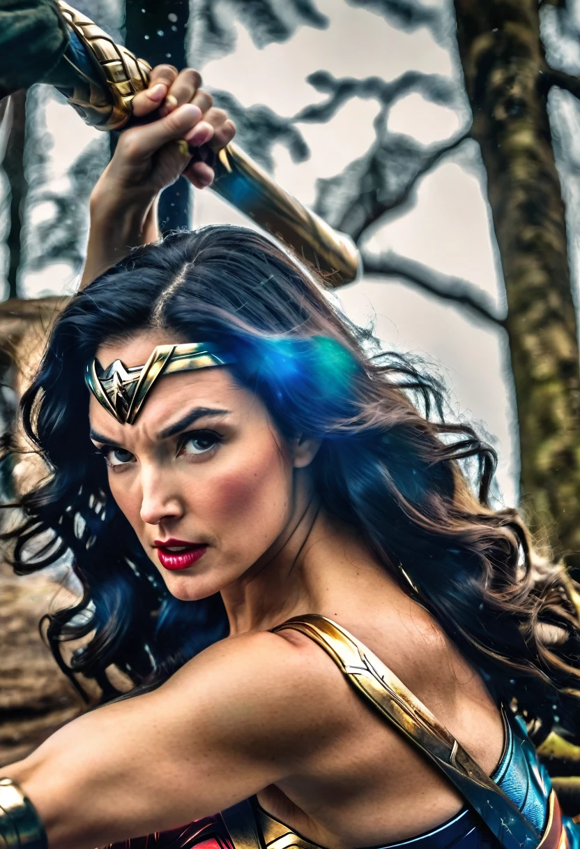 (((In extreme close-up of a beautiful shaved or bald woman(((Diameter))),(((under the mantle of the Amazon warrior Wonder Woman images Surreal cinematographic HD images Color Splash))),(((Diameter))),(((Diameter Wonder Woman)),(((Front Images)))