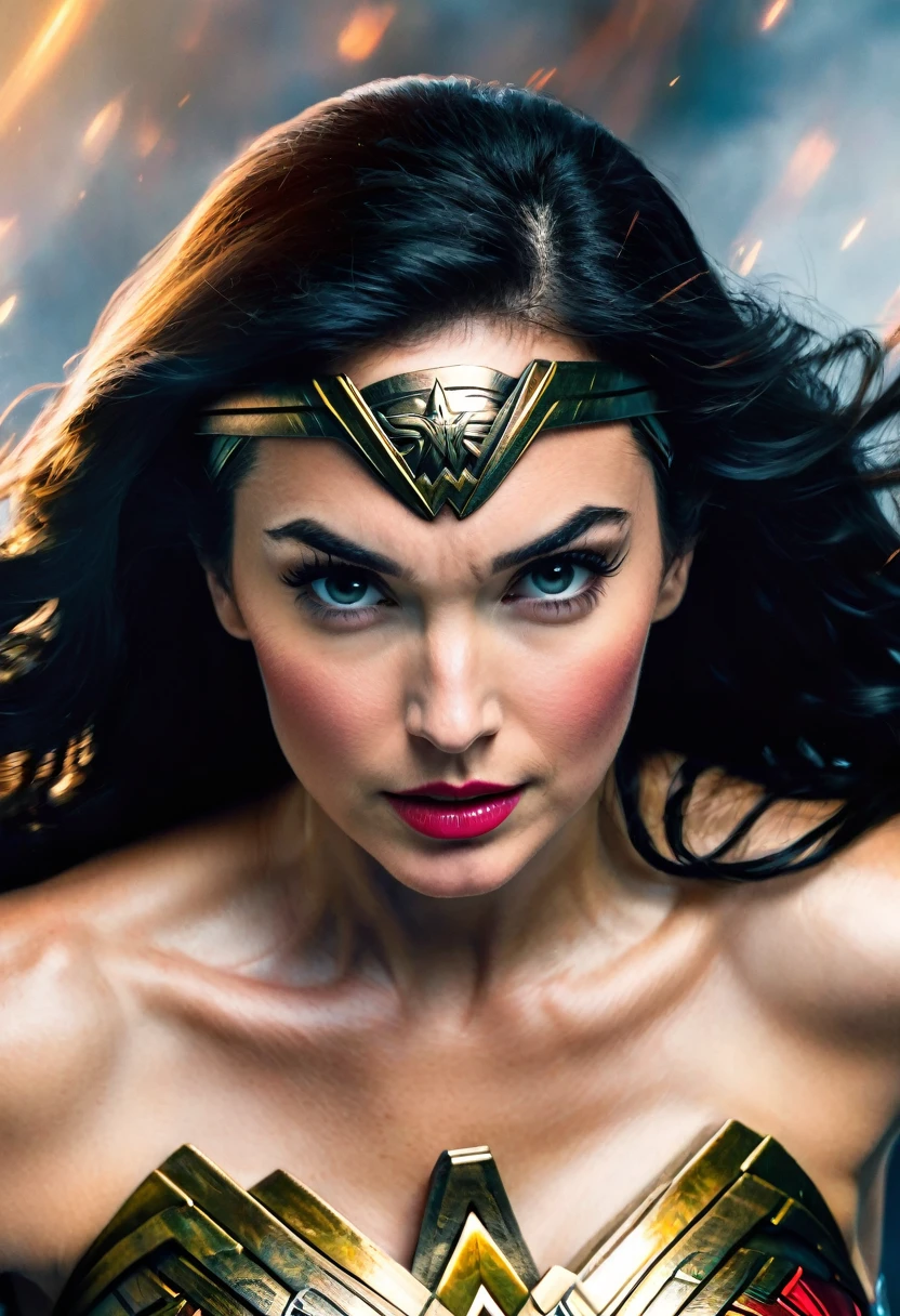 (((In extreme close-up of a beautiful shaved or bald woman(((Diameter))),(((under the mantle of the Amazon warrior Wonder Woman images Surreal cinematographic HD images Color Splash))),(((Diameter))),(((Diameter Wonder Woman)),(((Front Images)))
