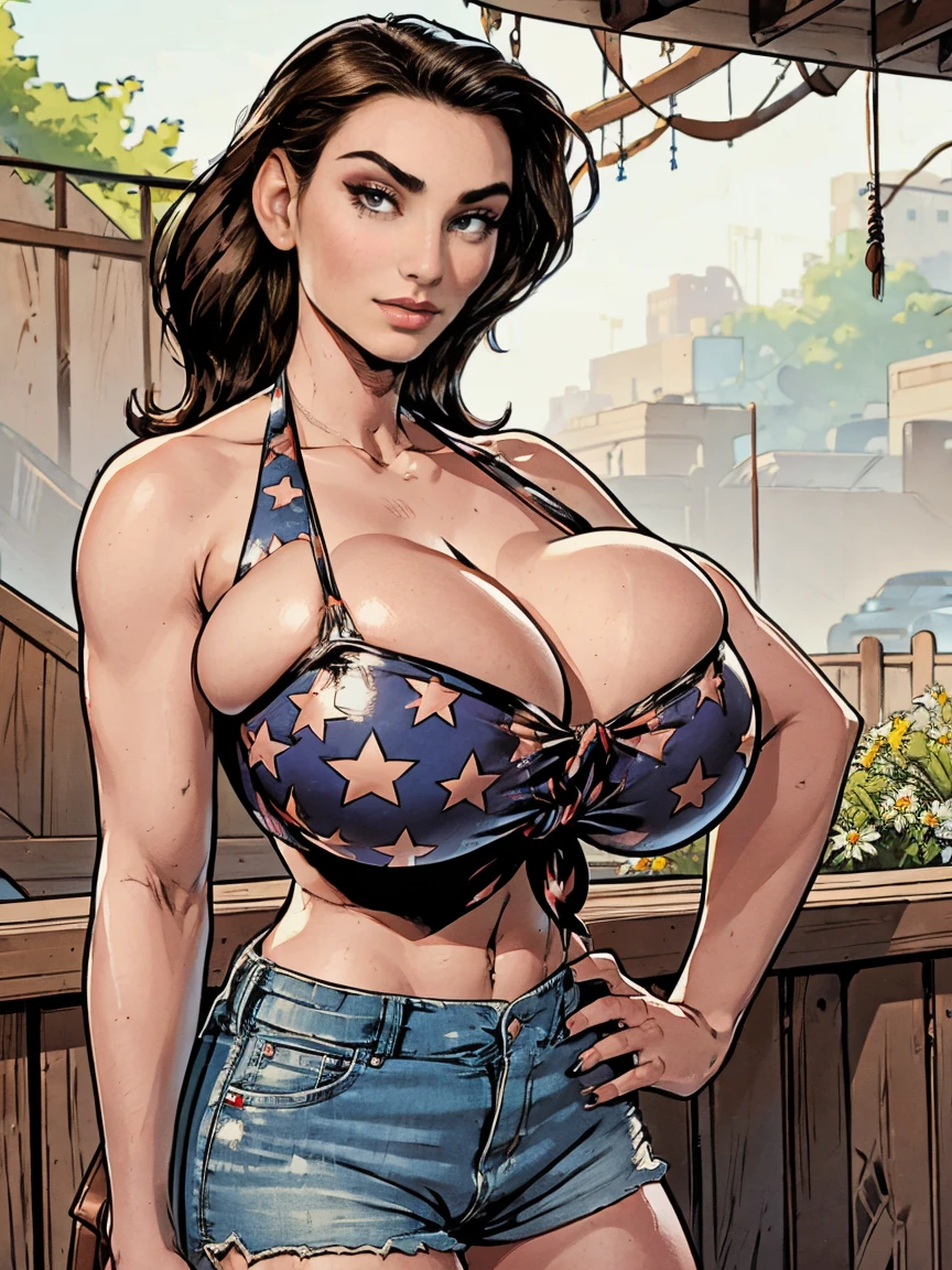 Gorgeous and sultry busty athletic (thin) brunette (smirking) with sharp facial features and a ((long), slicked-back hair) and (huge boobs) wearing a star-spangled bikini top, tied top, halter top, cutoff shorts, Daisy Dukes, Americana, backyard.