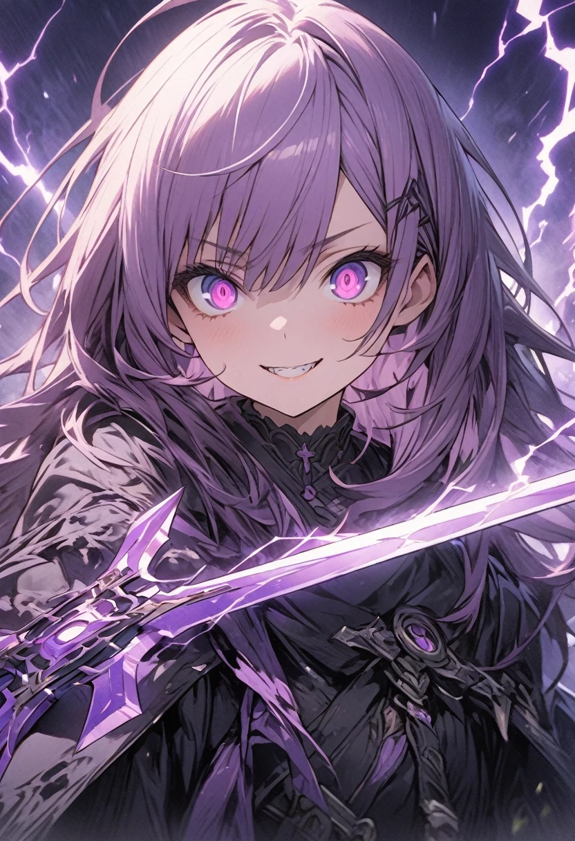 masterpiece, best quality, extremely detailed CG unity 8k wallpaper, A purple sword wrapped in lightning. It is very precisely made. An illustration of a cool girl holding an incredibly precise, high-definition, sharp, glowing sword. He is looking at you with big eyes and sharp eyes. wearing . The sword is tinged with a purple light and gives off a sense of evil. A three-dimensional illustration that gives you a sense of depth.