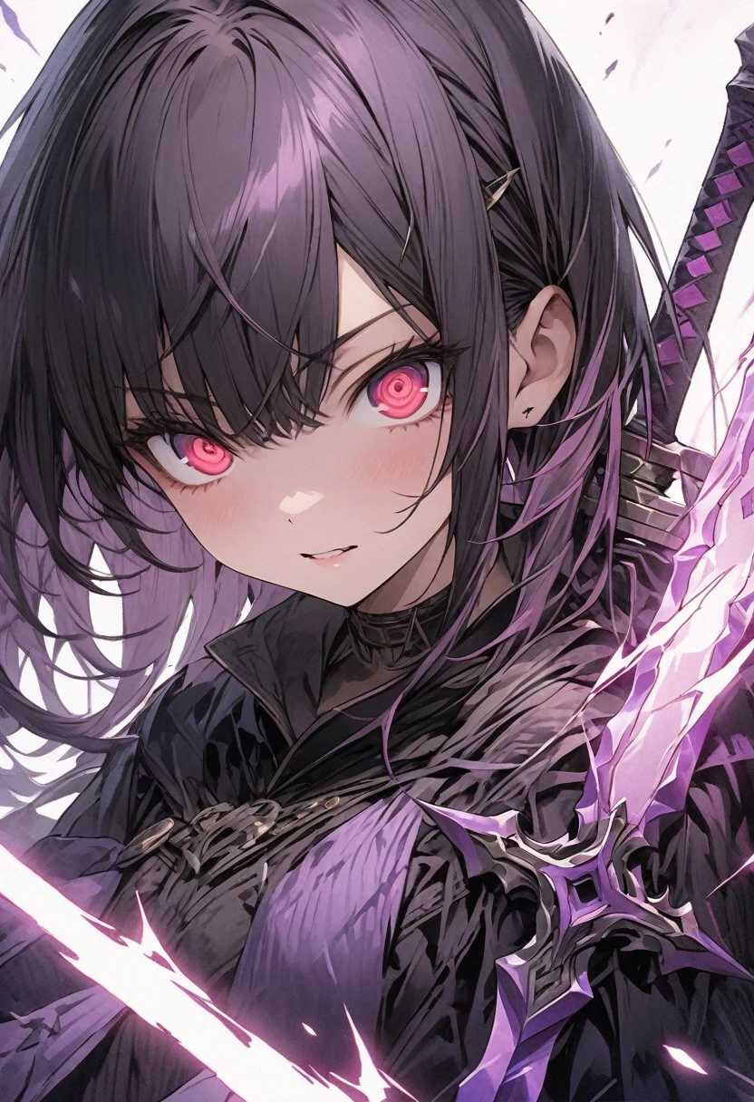 masterpiece, best quality, extremely detailed CG unity 8k wallpaper, A purple sword wrapped in lightning. It is very precisely made. An illustration of a cool girl holding an incredibly precise, high-definition, sharp, glowing sword. He is looking at you with big eyes and sharp eyes. wearing . The sword is tinged with a purple light and gives off a sense of evil. A three-dimensional illustration that gives you a sense of depth.