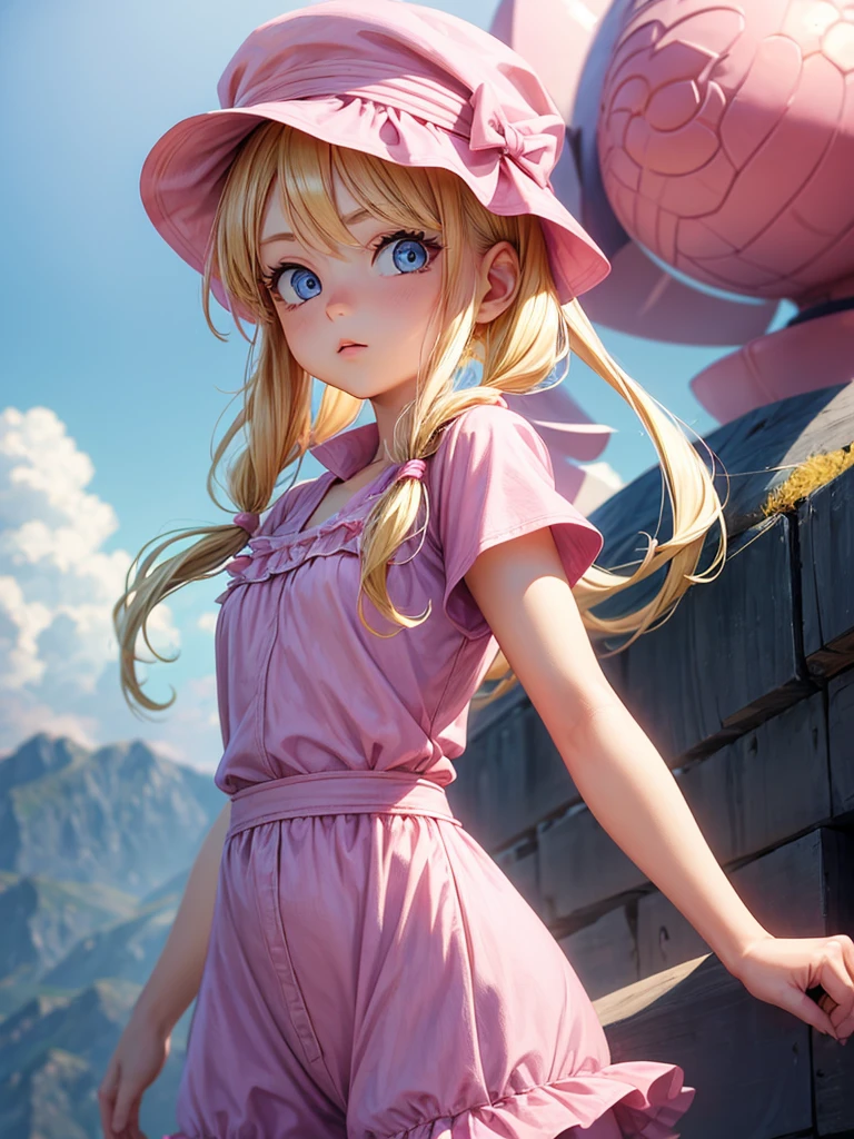 an adult girl, blond hair, two low blonde pigtails, blue eyes, pink jumpsuit dress, a pink hat on her head, type photo for profile, all with the design and style of Dragon Ball Z