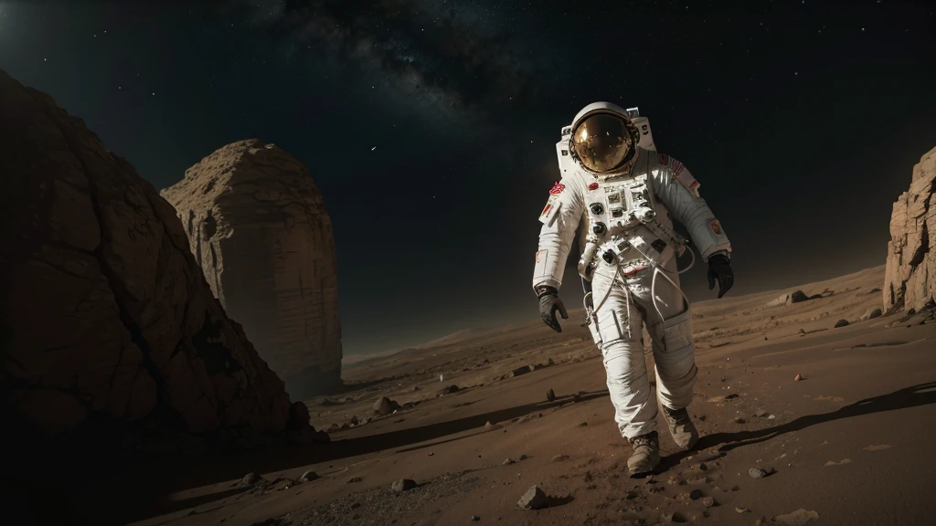 Astronaut on Mars facing a giant and strong alien
