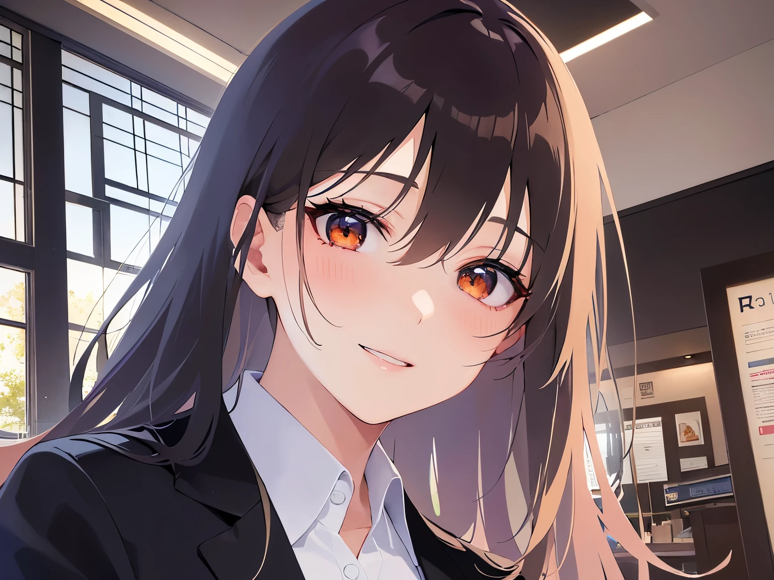 close-up,looking at viewer,Looking up,Realistic, real person, (pale skin: 1.2), RAW photo, photorealistic, shiny skin, shiny hair、 (A 35-year-old woman with medium-length hair and bangs) and (wavy hair) and (brown hair) and (Orange Eyes) (Wearing a business suit:1.5) and (Wearing a white collared shirt),(blush:1.5) ,smile、The background is the interior of a restaurant at night.、Alone、（Wearing a black jacket：1.5）