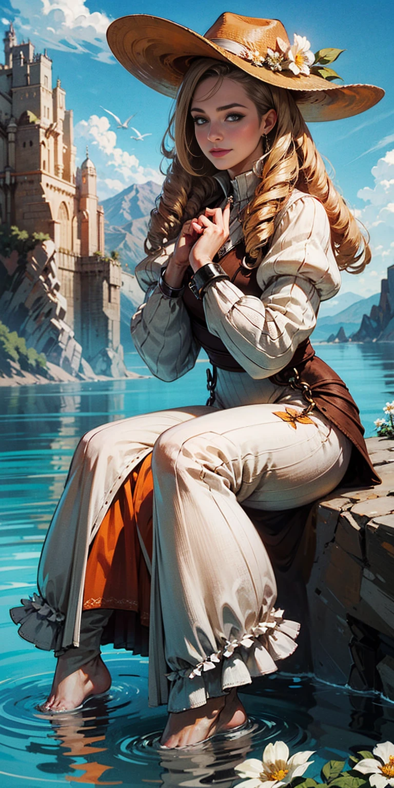 1girl, outdoors, solo, flower, blue eyes, long hair, looking at viewer, long dress, hat, ocean, dress, sitting, white flower, sky, bug, hat flower, day, bangs, butterfly, water, long sleeves, blue sky, rock, cloud, orange dress, blonde hair, horizon, orange headwear, hair ornament, closed mouth, smile, hair flower, short sleeves, looking to the side, bird, scenery, mountainous horizon, red headwear, white dress, Handcuffs on their hands, With a collar around the neck