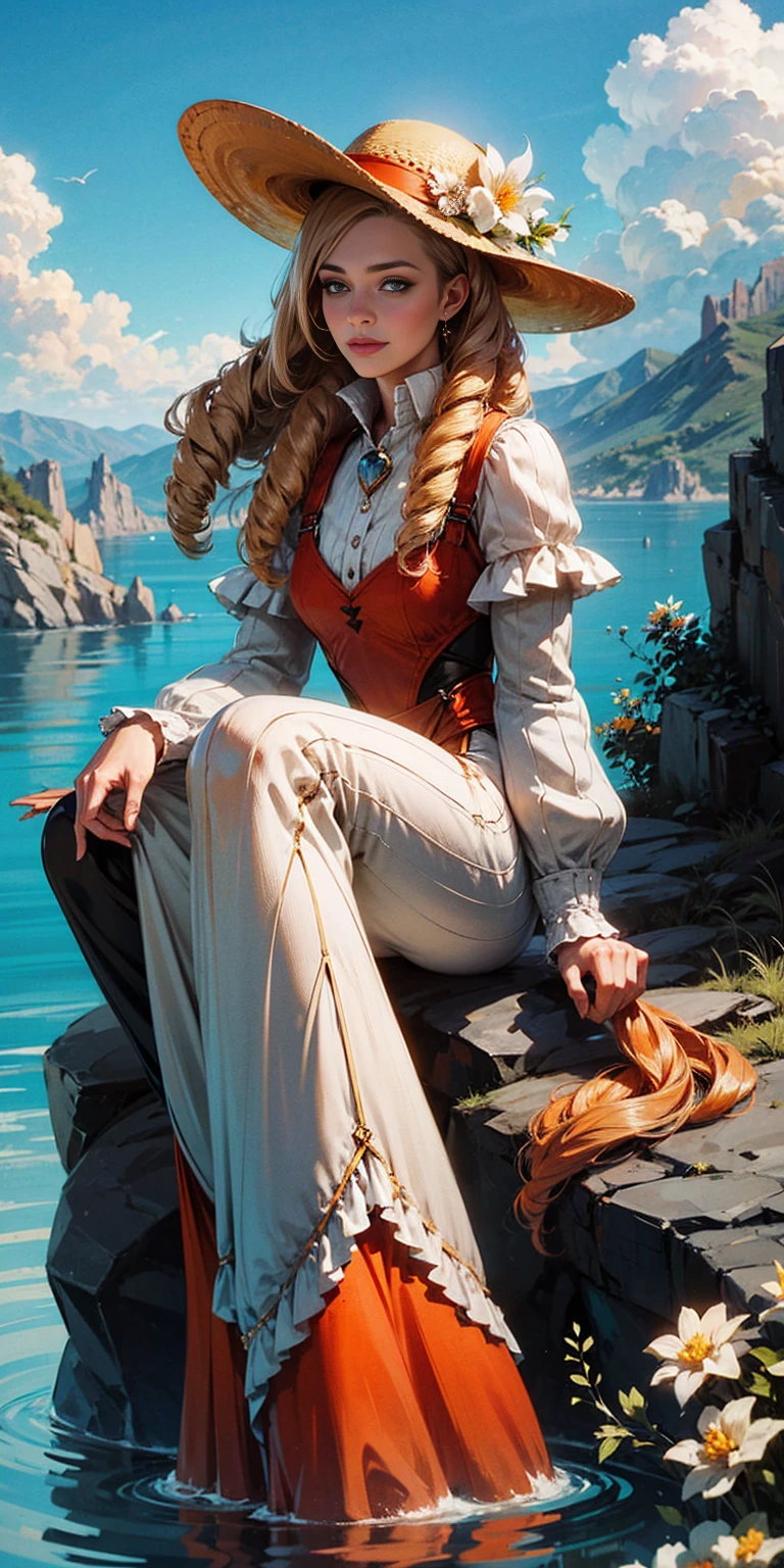 1girl, outdoors, solo, flower, blue eyes, long hair, looking at viewer, long dress, hat, ocean, dress, sitting, white flower, sky, bug, hat flower, day, bangs, butterfly, water, long sleeves, blue sky, rock, cloud, orange dress, blonde hair, horizon, orange headwear, hair ornament, closed mouth, smile, hair flower, short sleeves, looking to the side, bird, scenery, mountainous horizon, red headwear, white dress, Handcuffs on their hands, With a collar around the neck