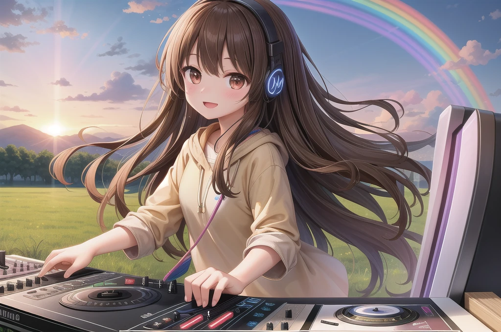 One girl, alone, 20-year-old, Brown eyes, Brown Hair, Long, beautiful wavy hair, smile, Nice casual clothes, grassland, headphone, Detailed DJ equipment, djing, Beautiful rainbow, masterpiece, Fine Fingers, 最high quality:1.4, high quality, detailed,